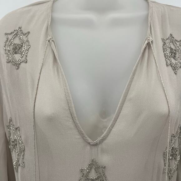 Chan Luu Beaded Sheer Top Womens Medium Light Beige Silver Flowy - Picture 6 of 10